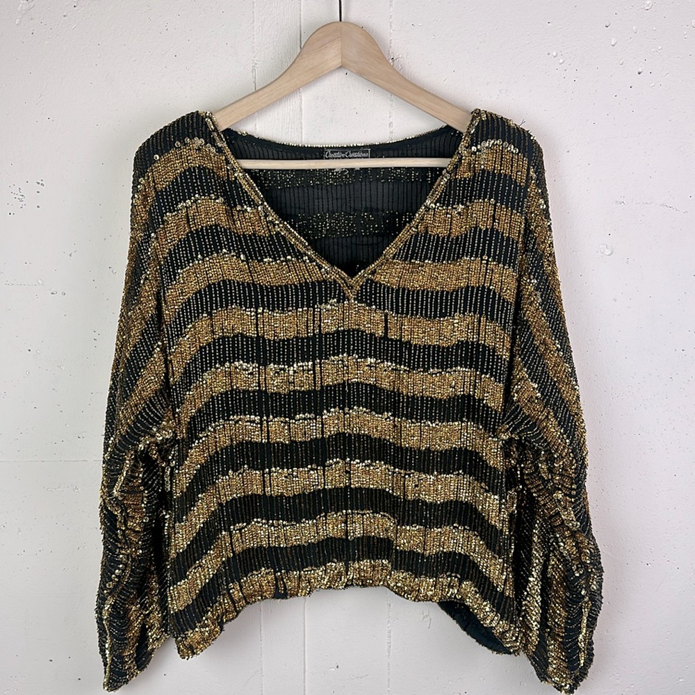 Vintage 80’s 90’s Beaded Sequin Silk Semi Sheer Top